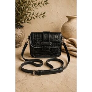 Vintage Y2K Black Leather Crossbody Bag Croc Embossed Mini Purse The Trend